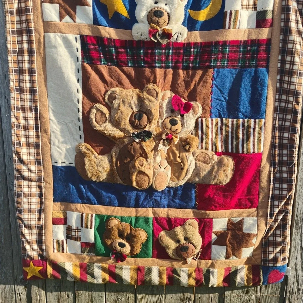Bear Creations HTF Design3D Plush Quilted Patchwork Teddy Bears Throw Size 49x60